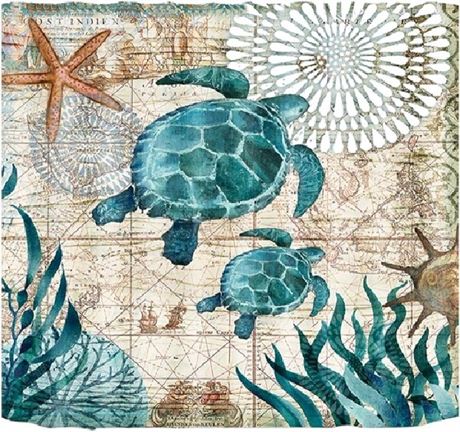 TK Auctions - Sea Turtle Shower Curtain Blue Map Navigation Coastal